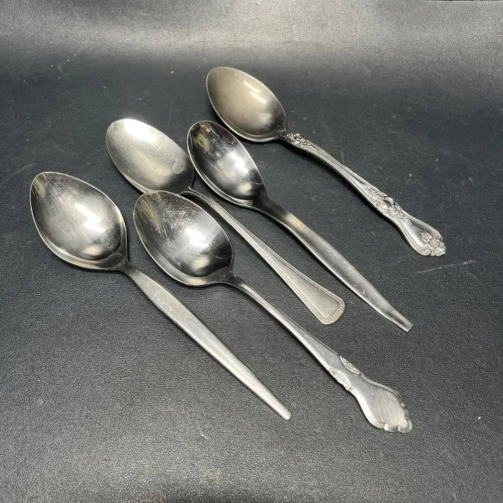 Vintage Server Spoons Stainless Flatware Lot Of 5, Oneida Rogers Ekco Eterna. F8